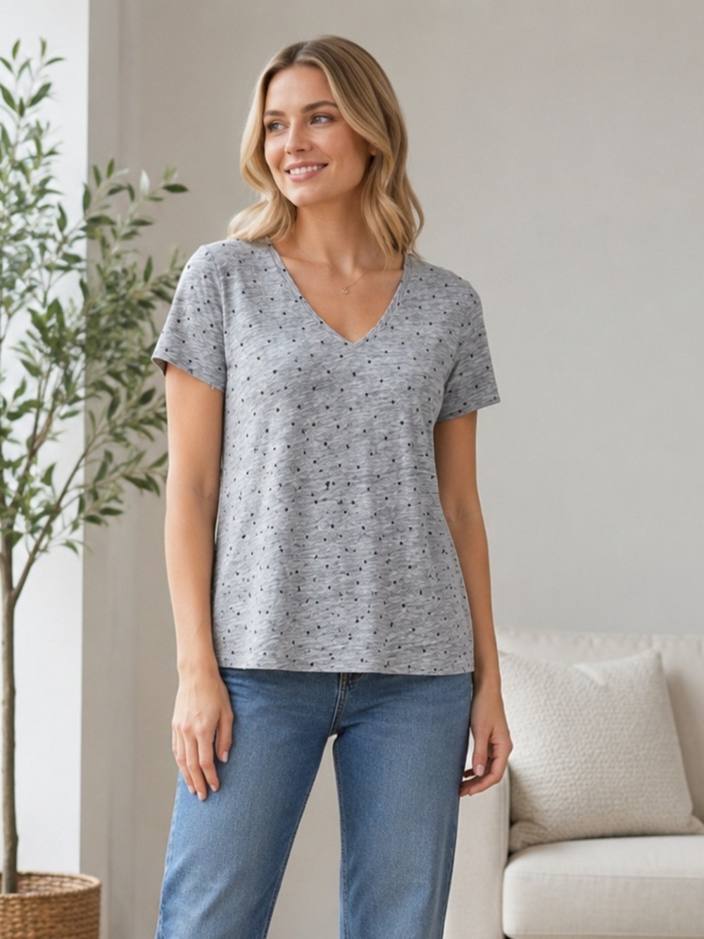 Rails Cara Star Print Short Sleeve V-neck Tee Shirt Grey Black Linen Blend Small